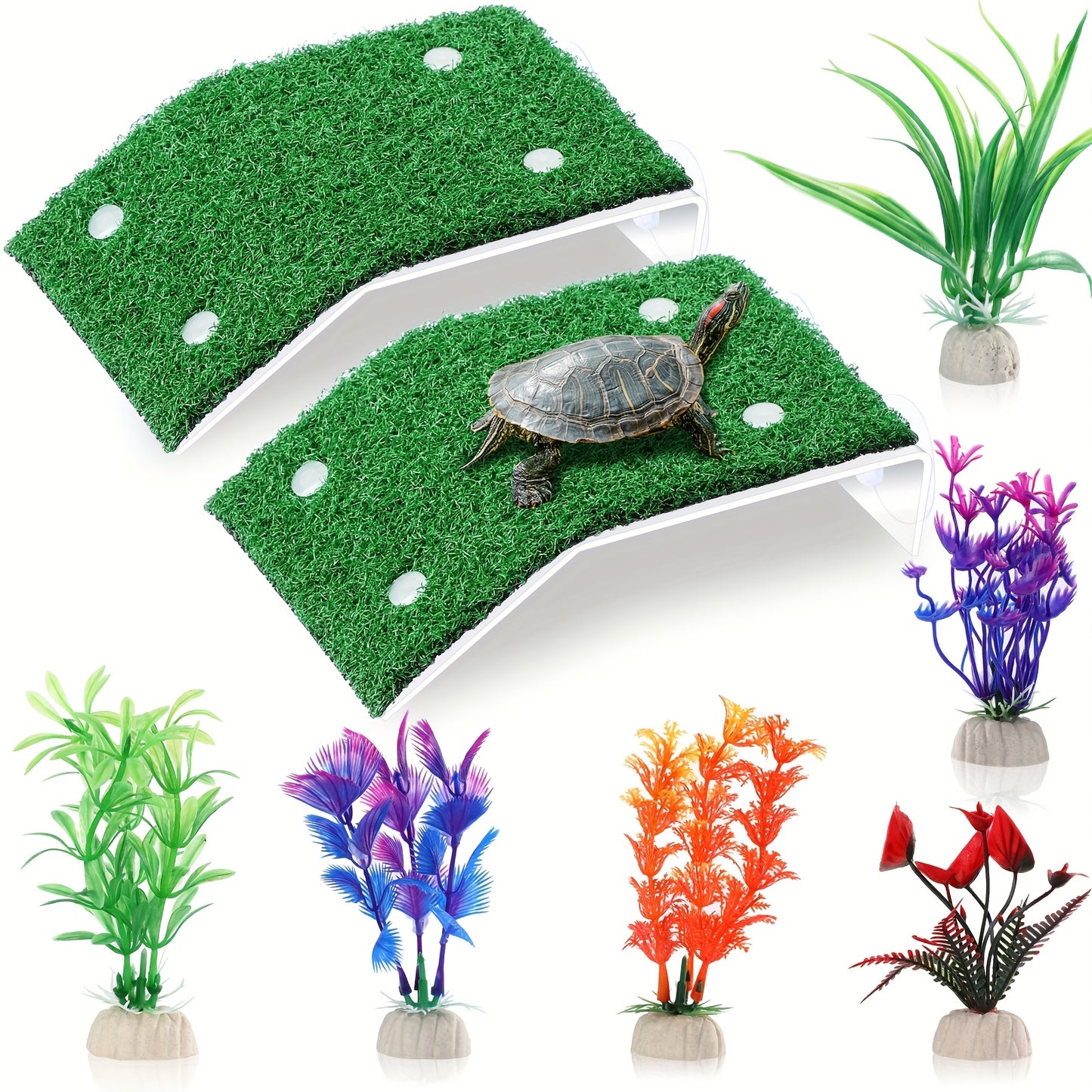 Turtle Basking Platform and Artificial Plants for Reptile Tanks