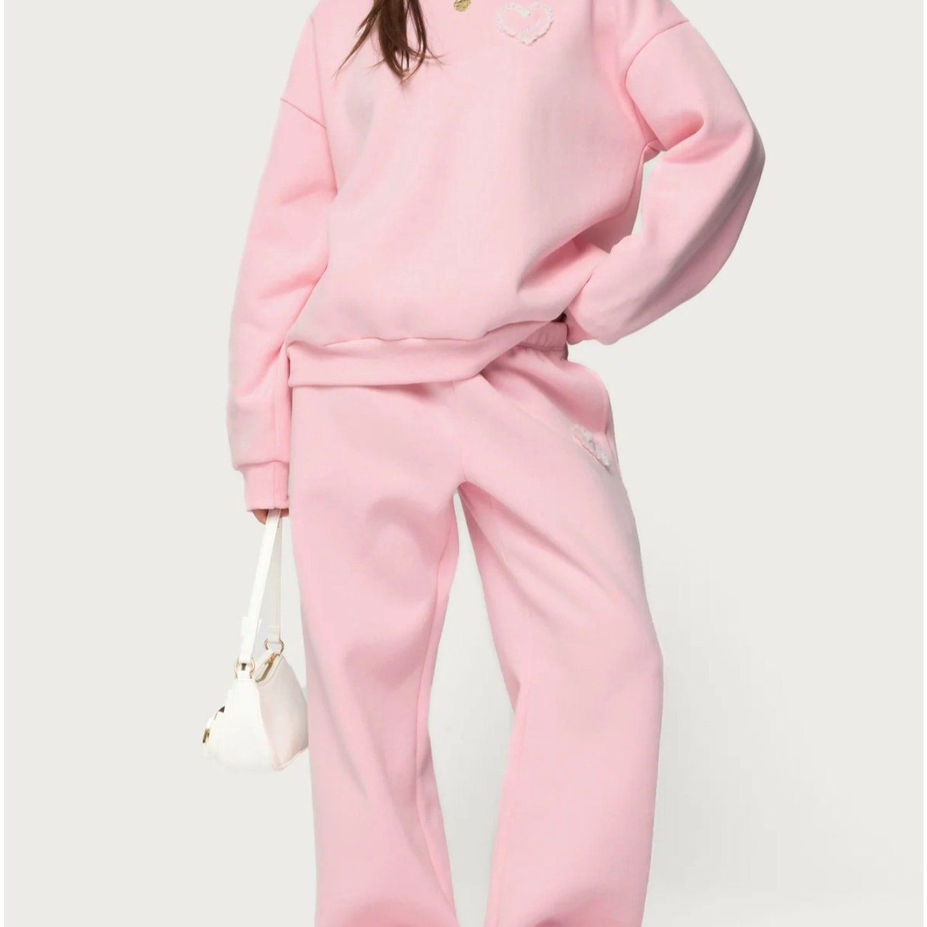 Pink Heart-Print Hoodie + Wide-Leg Pants Set for Women | Sweet Heart Embellishments, Perfect for Everyday Outings and Girly Social Occasions