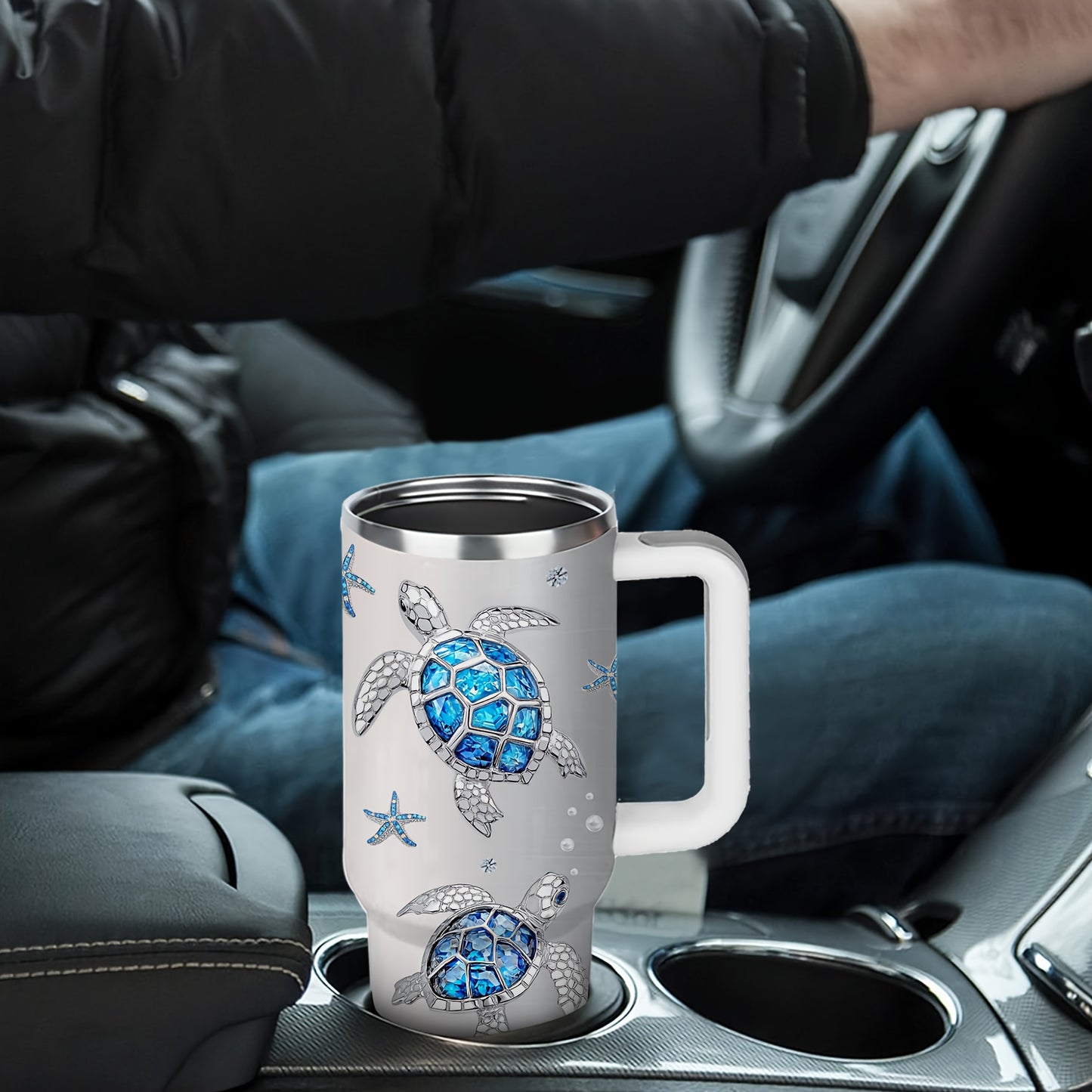 1pc Turtle Mug, Gift for Women with Turtles, Jewelry Turtle Gifts, Turtle Enthusiast Gifts, Turtle Coffee Mug, Turtle Stainless Steel Cup 40oz, with Handle and Lid, Sports Cup with Turtle Pattern, Outdoor Travel Cup