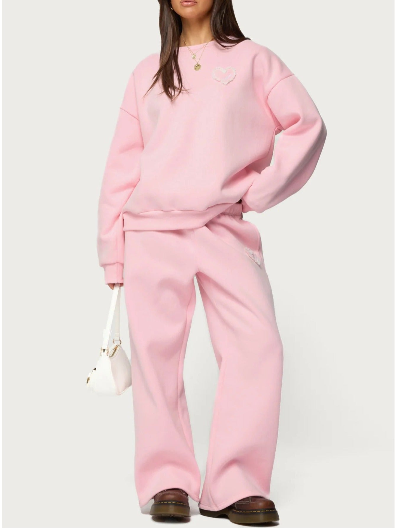 Pink Heart-Print Hoodie + Wide-Leg Pants Set for Women | Sweet Heart Embellishments, Perfect for Everyday Outings and Girly Social Occasions