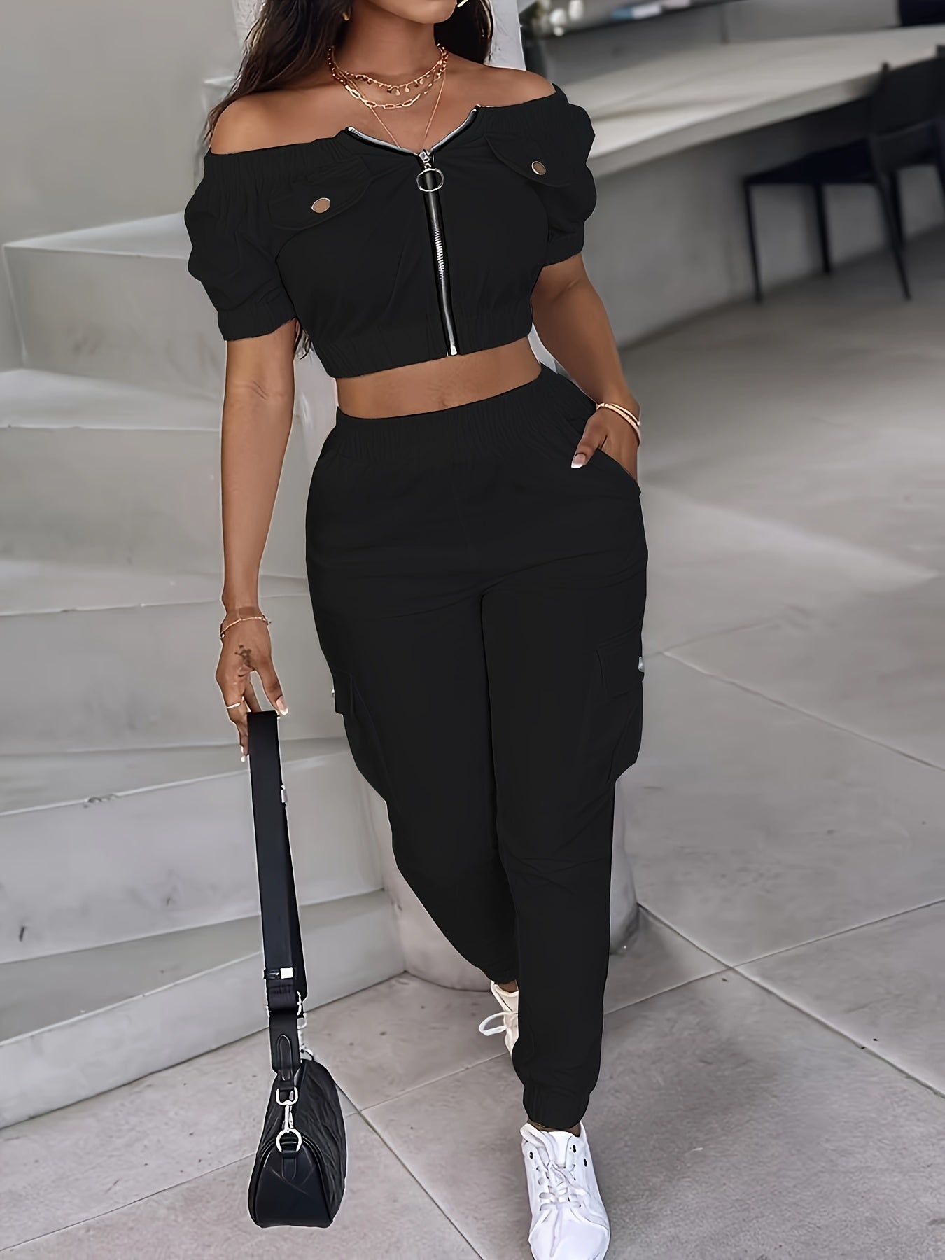 European Style Off Shoulder Top And Workwear Leggings Set