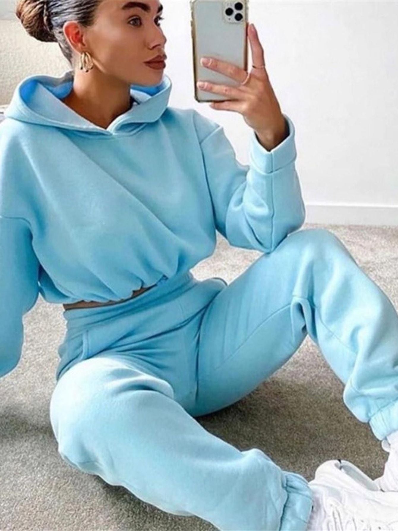 Hooded Long Sleeve Casual Sportswear Set With Drawstring