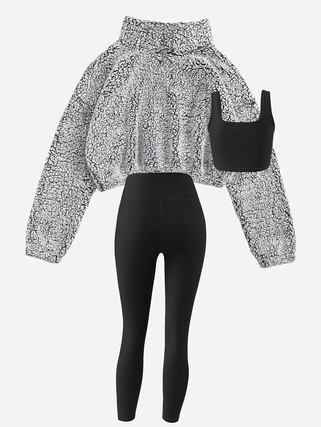 3pcs Women's -Lined Athletic Set: Bubble Texture Short Jacket, Breathable Sports Bra & Quick-Dry Yoga Leggings - Full Coverage Winter Gym Suit, Non-Transparent Workout Outfit (Polyester) for Training, Yoga & Cold Weather