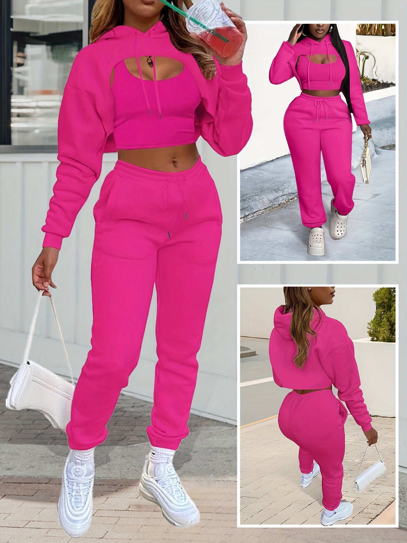 Womens Sexy 3 Piece Tracksuit Set Hoodie Tank Joggers