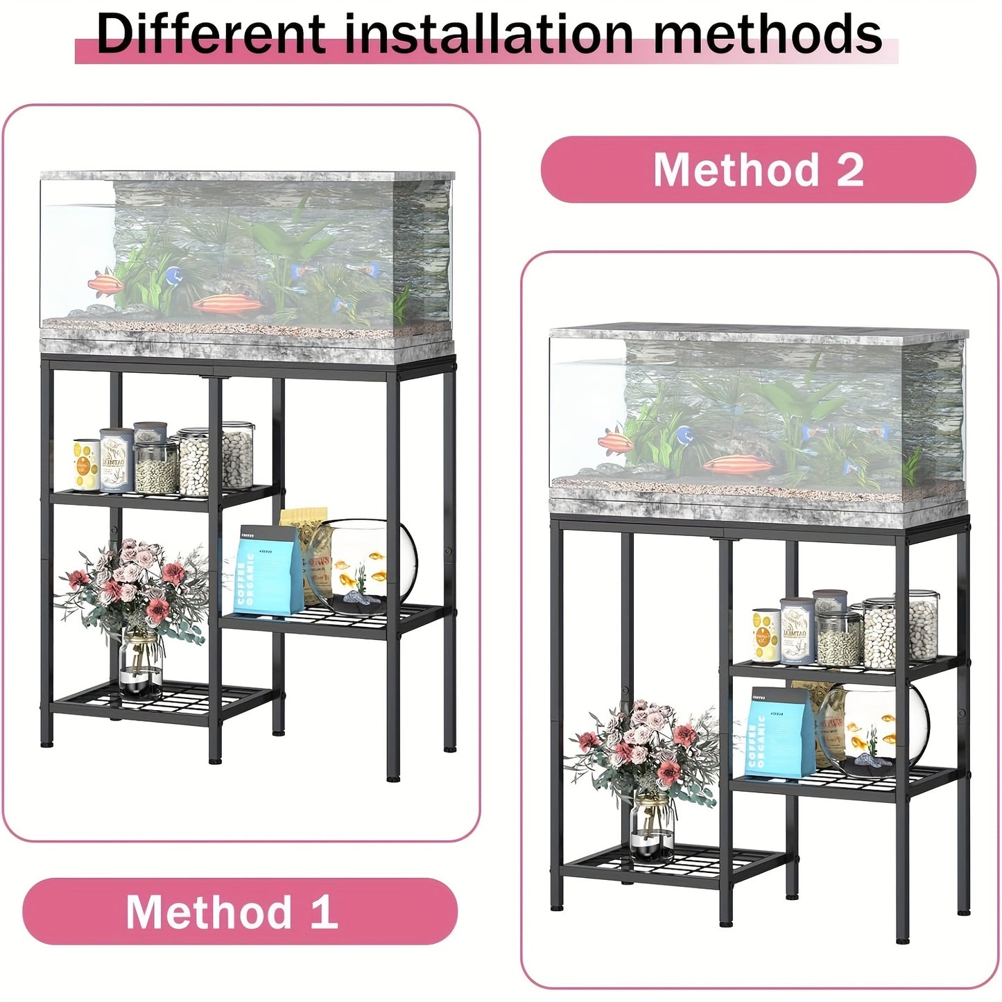 Metal Fish Tank Stand with Shelves for Aquariums and Terrariums