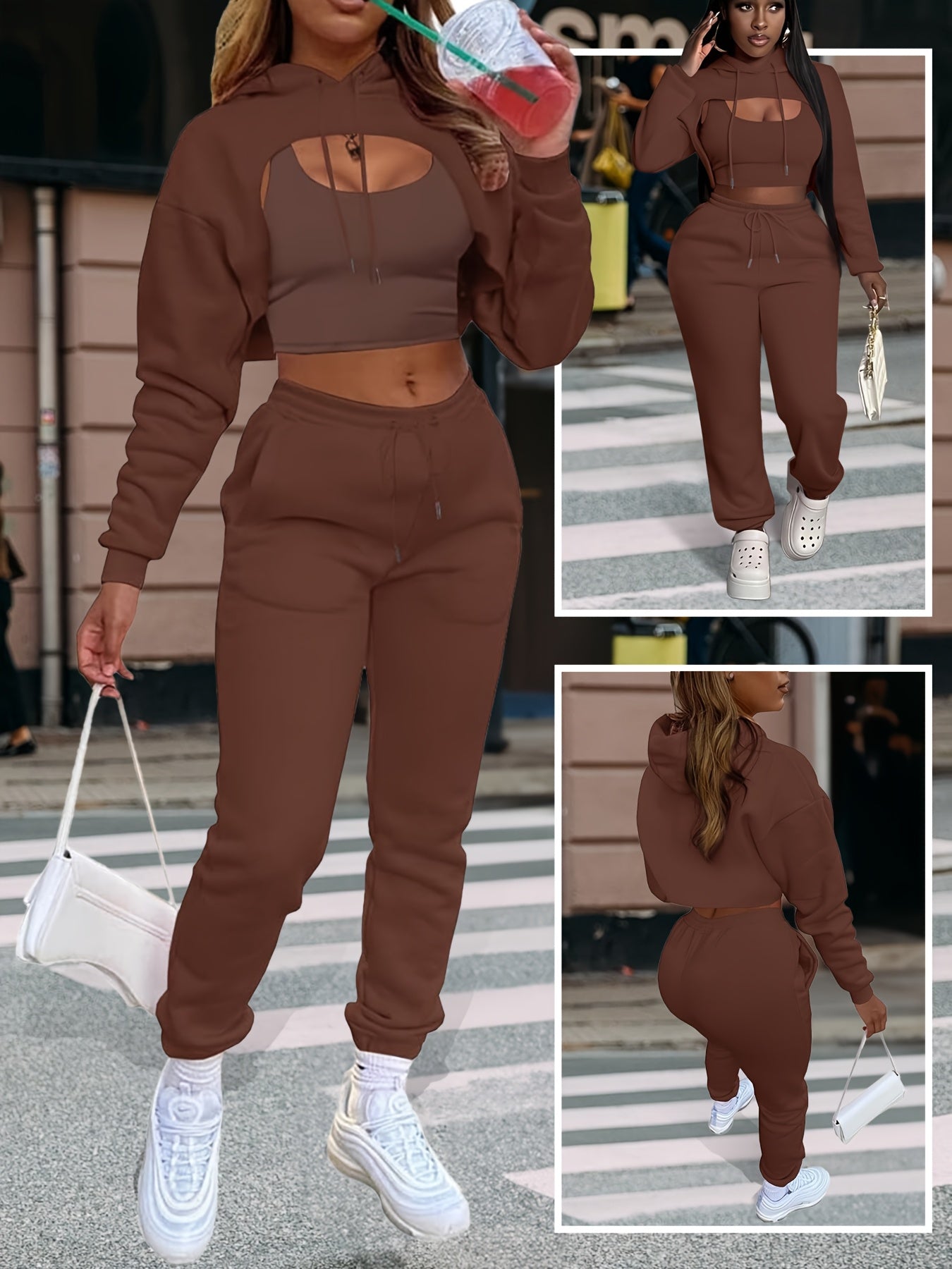 Womens Sexy 3 Piece Tracksuit Set Hoodie Tank Joggers