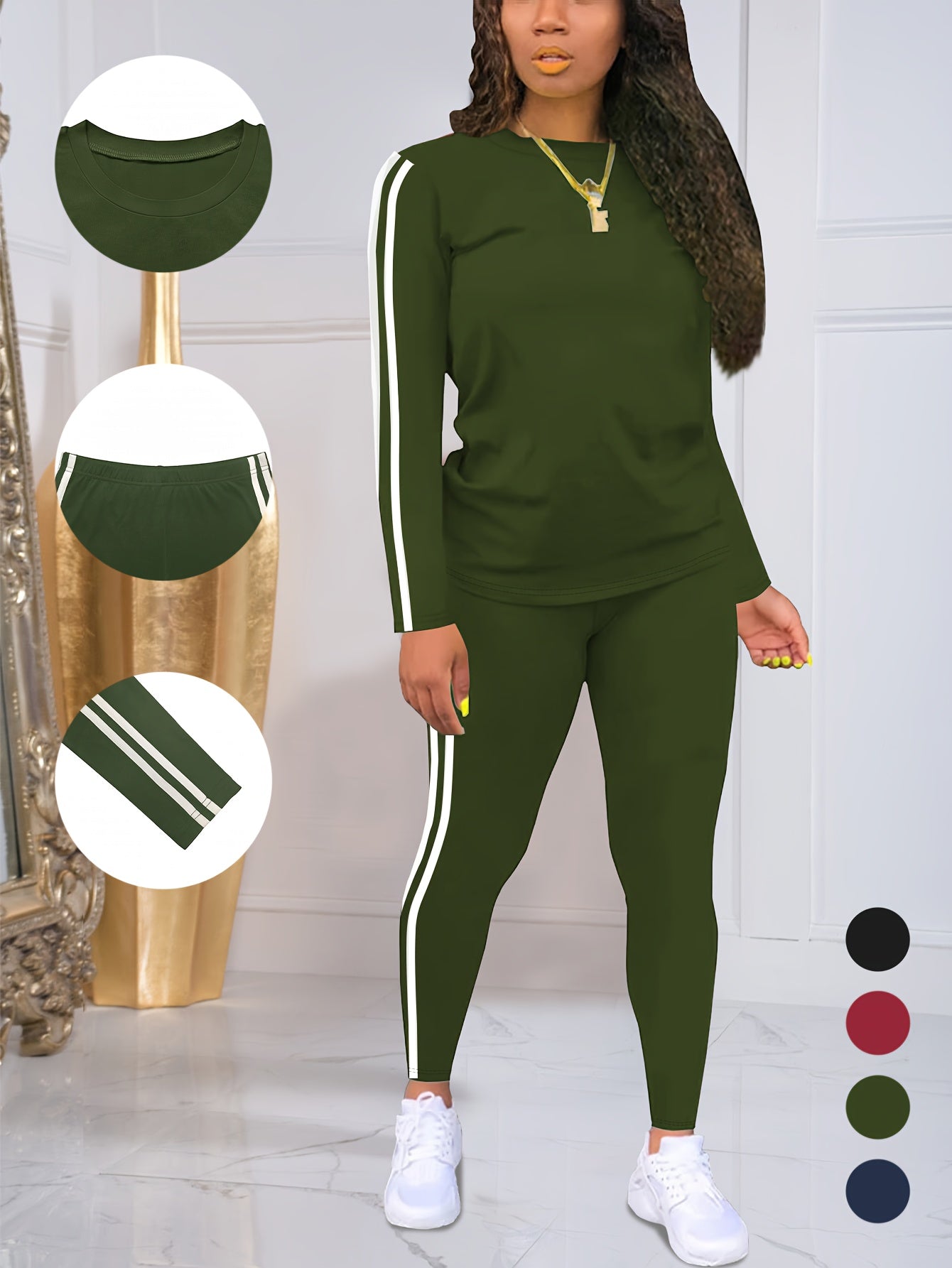 Womens Striped Side Lounge Set With Long Sleeve Pants