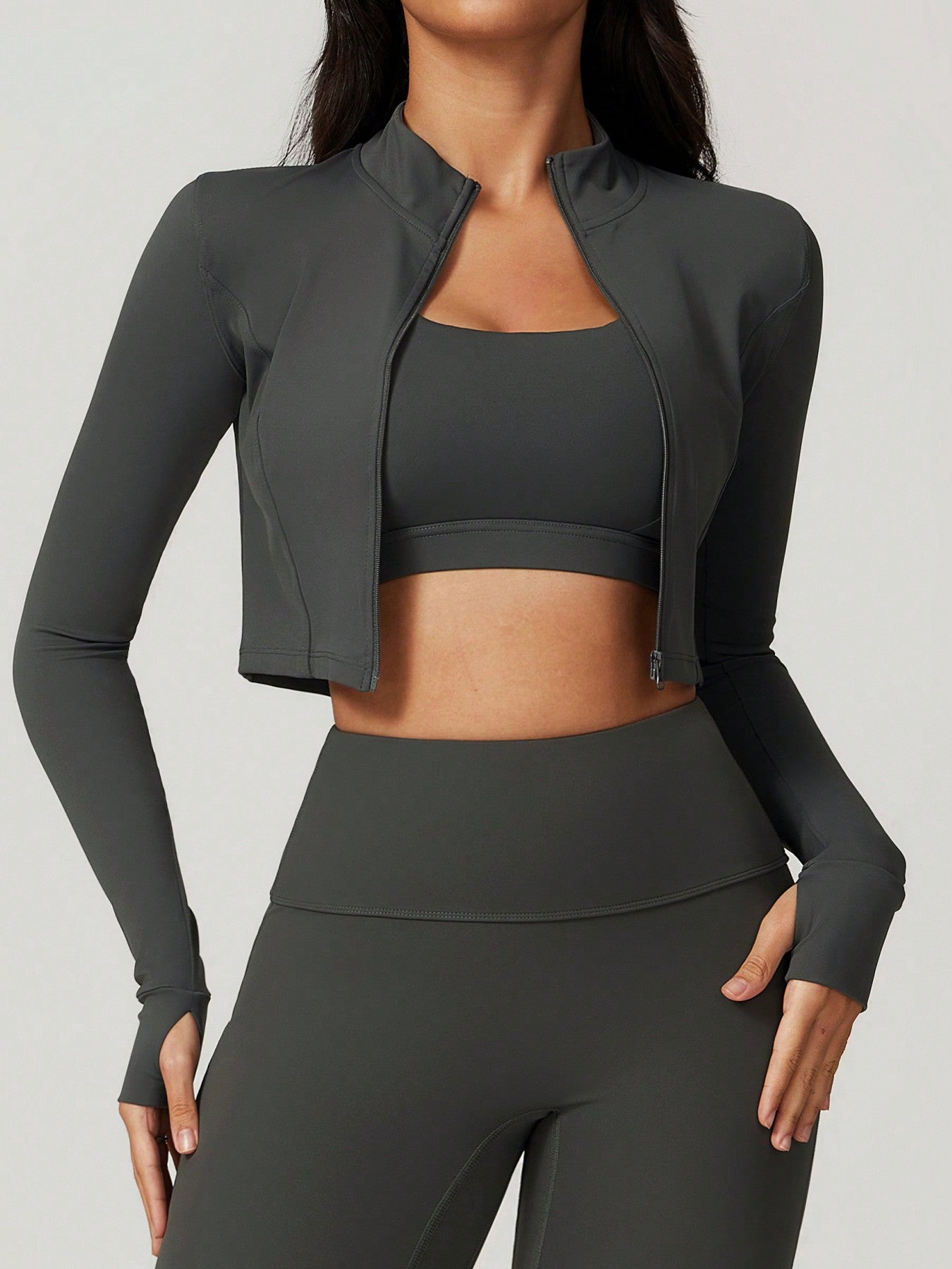 Womens Zip Up Crop Jacket And Biker Shorts Tracksuit Set