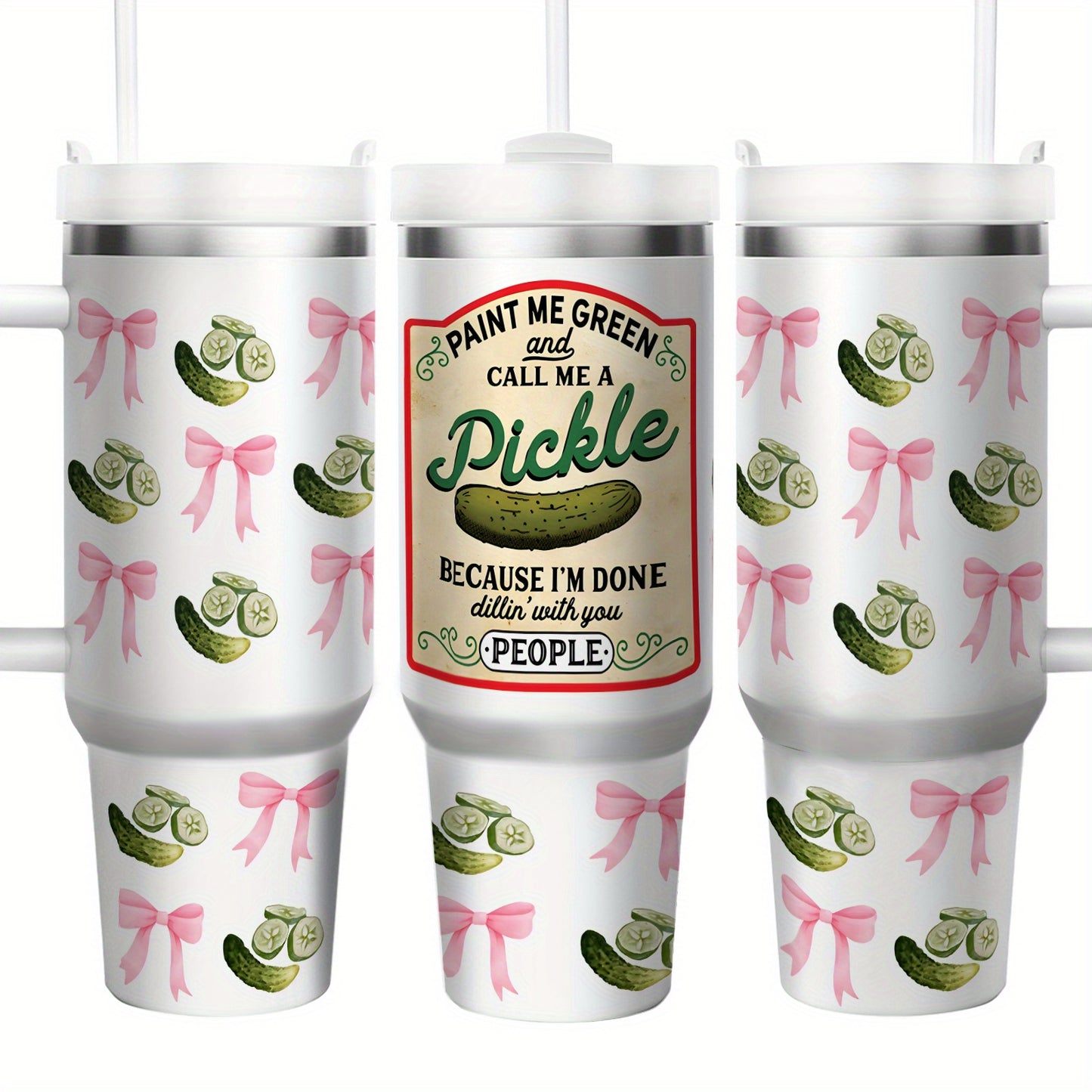 1pc 40oz Humorous Pickle-Themed Stainless Steel Tumbler with "Paint Me Green & Call Me A Pickle" Quote, Vacuum Insulated Cup Keeps Drinks Hot 12H/Cold 24H, Spill-Proof Lid & Straw, Cute Pickle Design with Pink Bows & Dill Pic