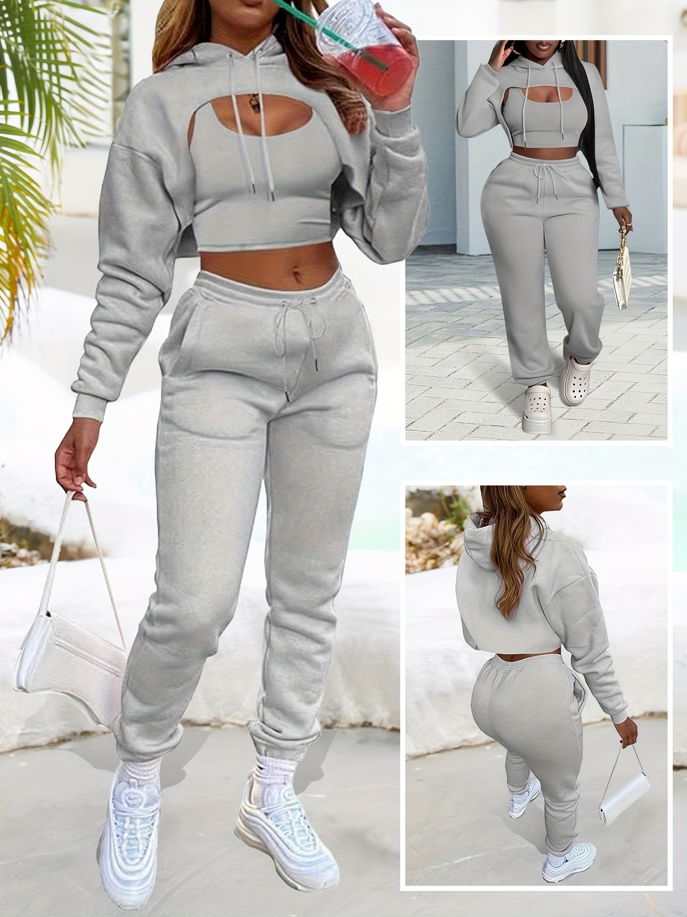 Womens Sexy 3 Piece Tracksuit Set Hoodie Tank Joggers