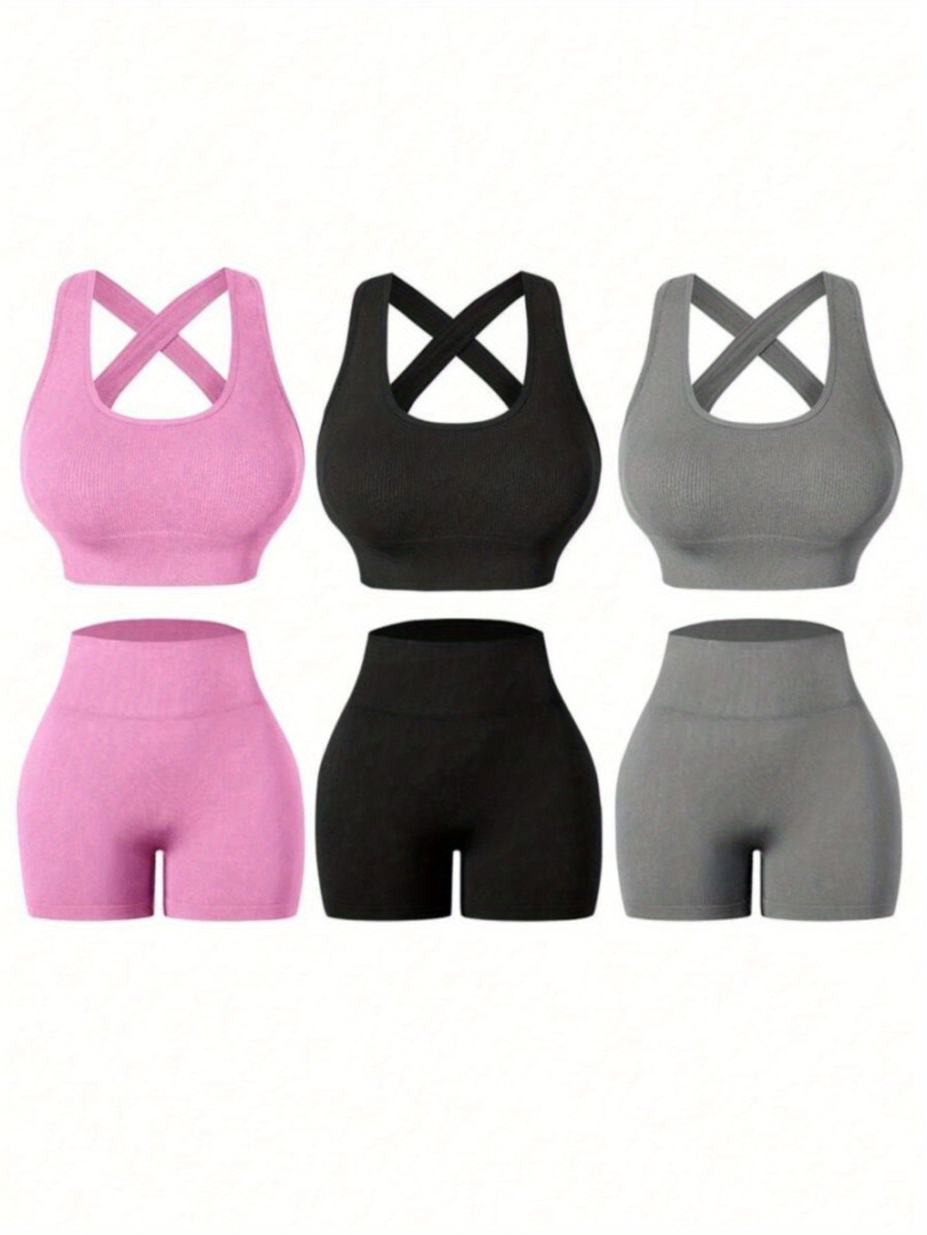 Three Piece Womens Fitness Set With Backless Bra And Shorts