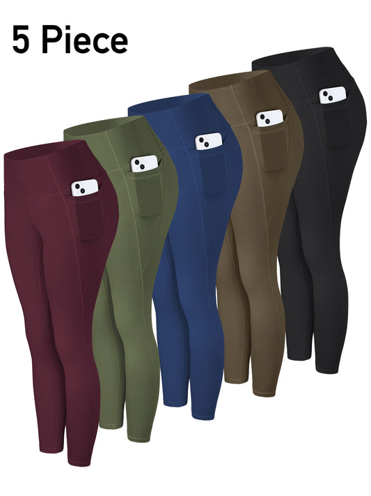 High-Waisted Leggings with Pockets for Women - 5 Pack