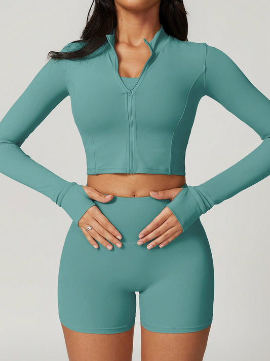 Womens Zip Up Crop Jacket And Biker Shorts Tracksuit Set