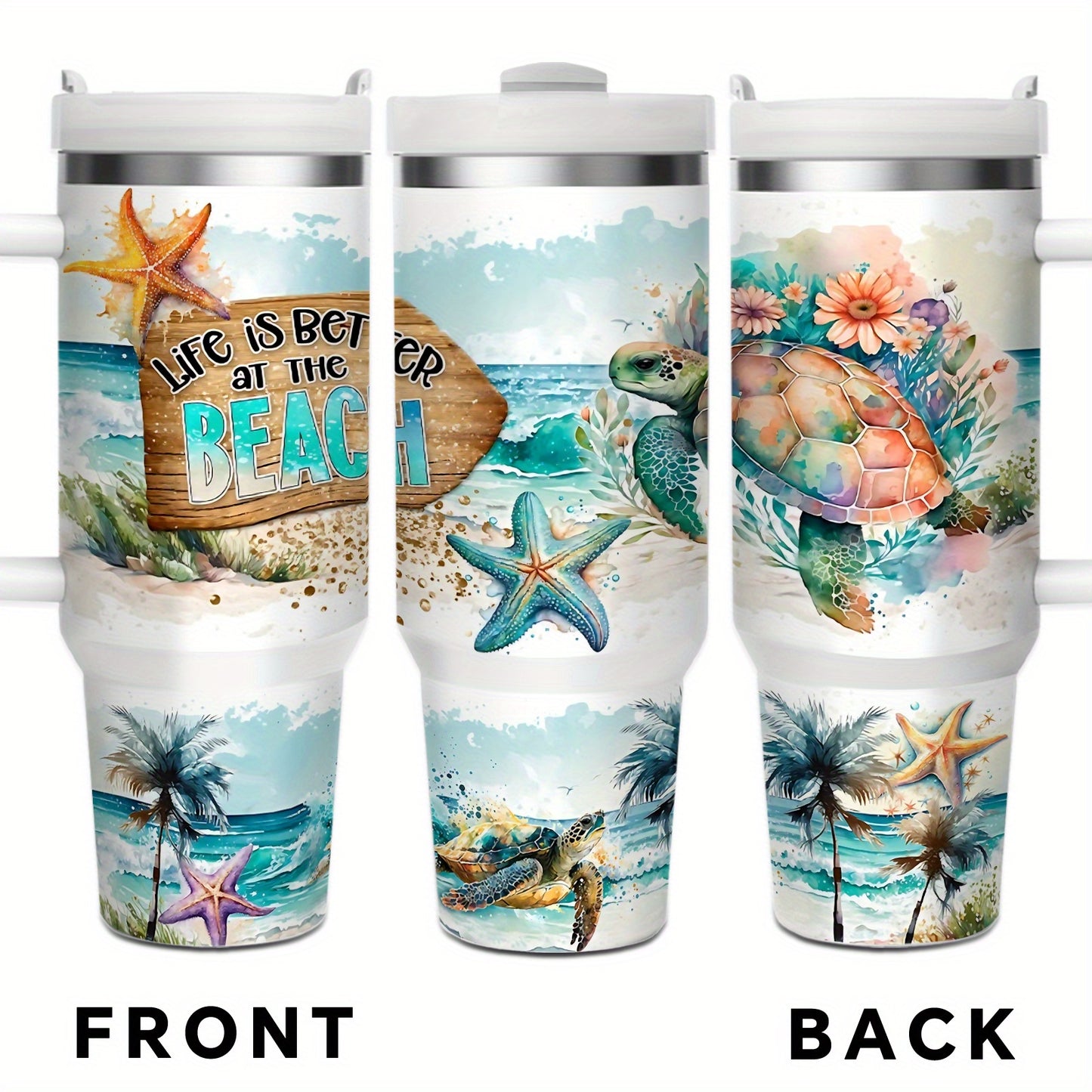 1pc 40oz/16oz Stainless Steel Tumbler with Lid And Straw, Double Wall Vacuum Insulated, Sea Turtle And Starfish Design, Keeps Drinks Hot 12H/Cold 24H, Ideal for Home, Office, Perfect for Christmas, Thanksgiving, Valentine's D