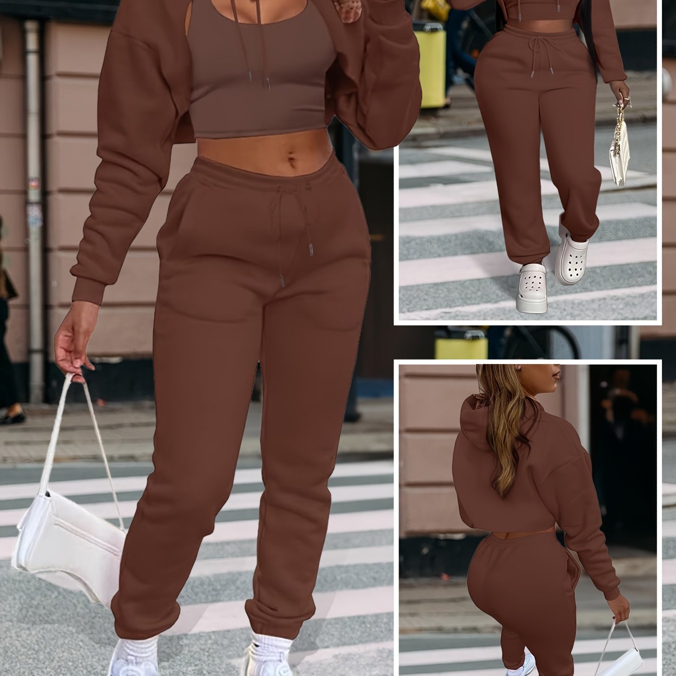 Womens Sexy 3 Piece Tracksuit Set Hoodie Tank Joggers