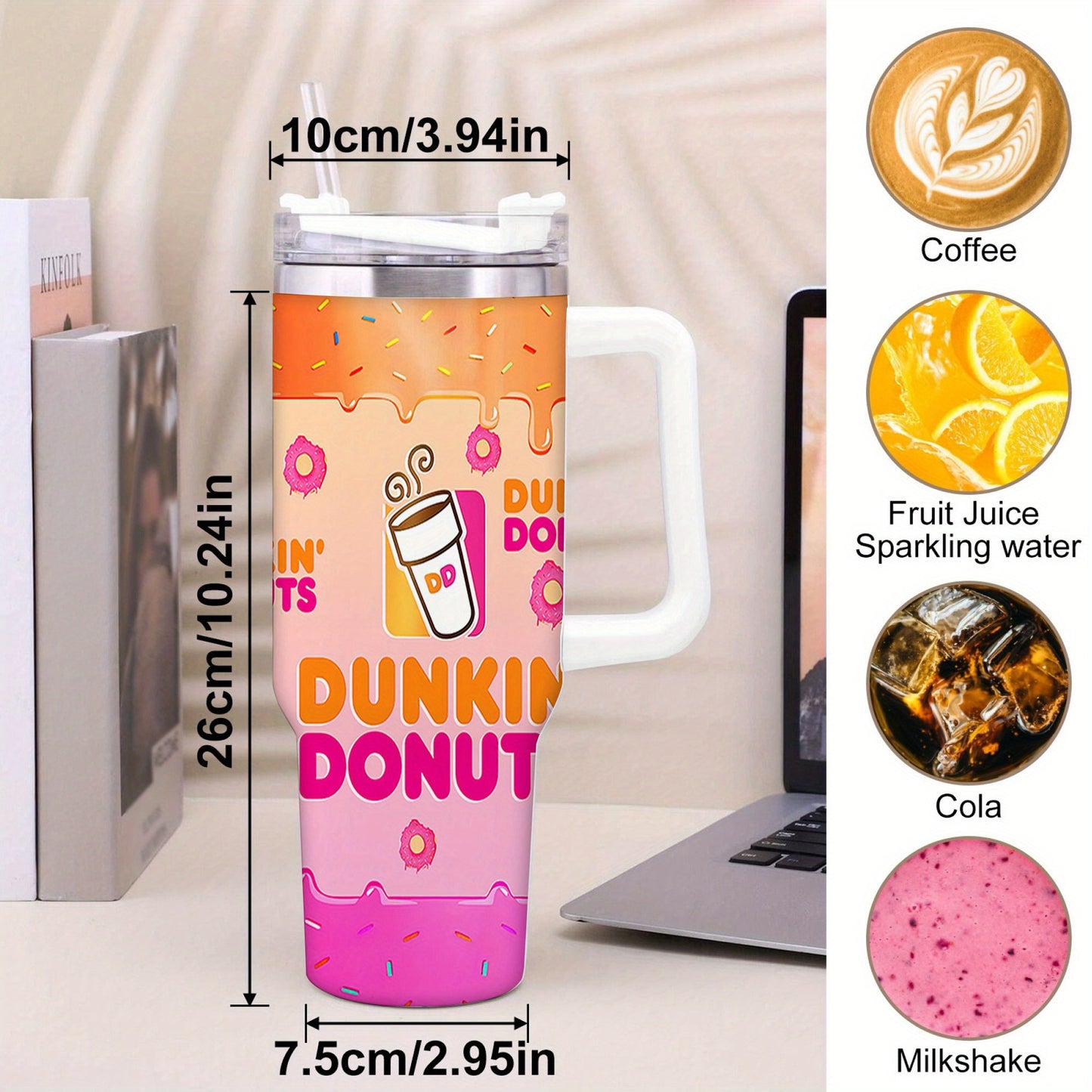 1pc 40oz Dunkin' Donuts Vibrant Pattern Tumbler, Double Wall Vacuum Insulated Travel Mug, Spill Proof Lid, Gift for Dad, Mom, Ideal for Christmas, Mother'S Day, Birthday Gift, Coffee Cup