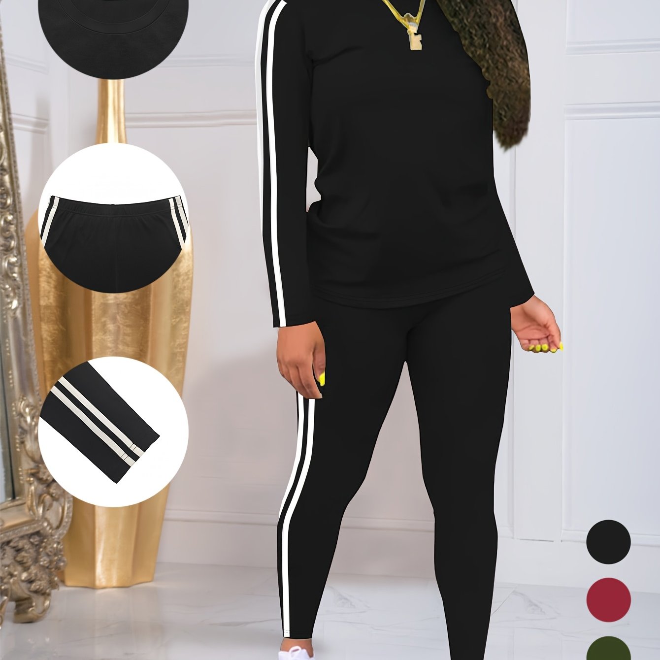 Womens Striped Side Lounge Set With Long Sleeve Pants