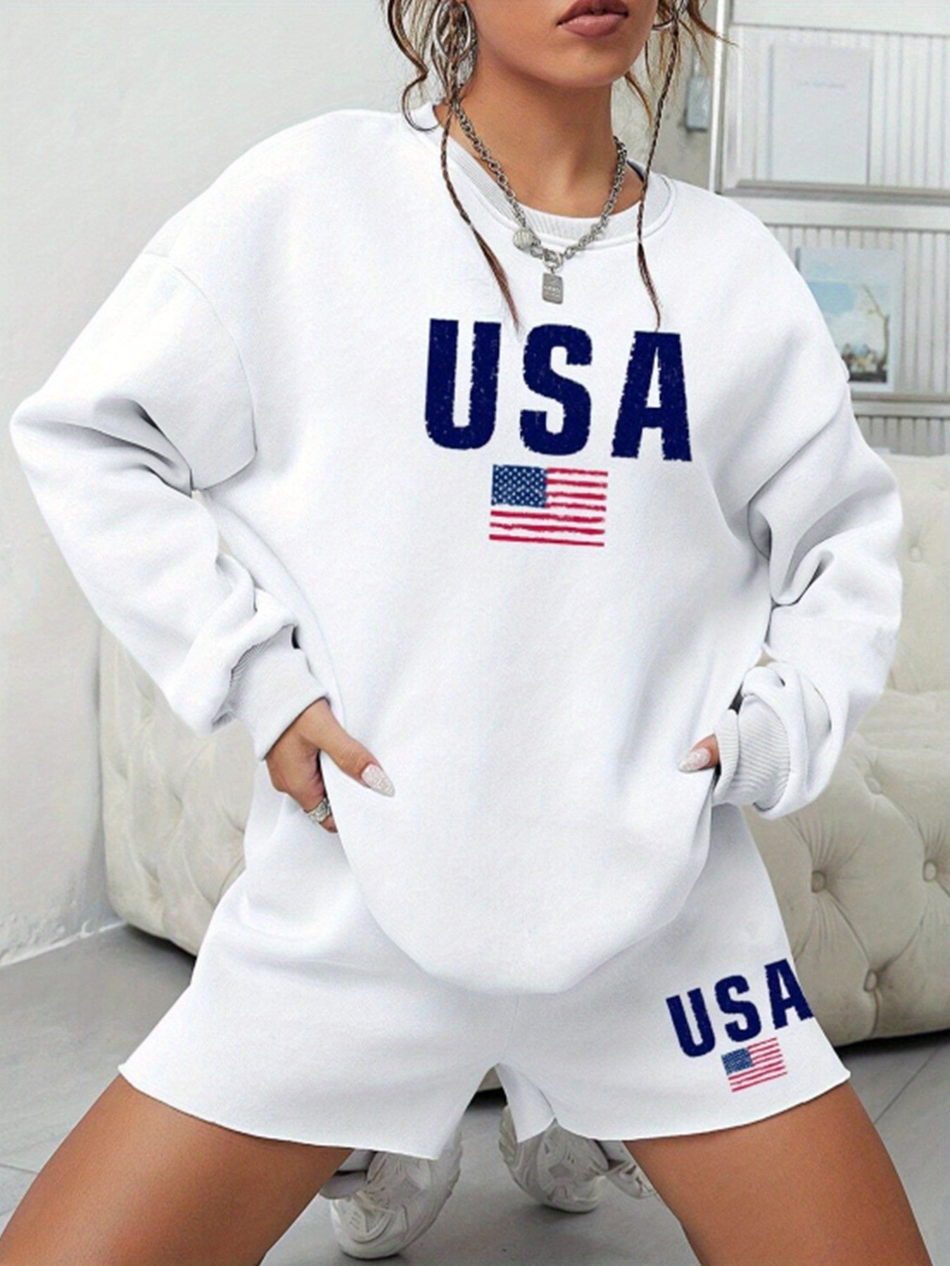Womens Monogrammed American Flag Sweatshirt Shorts Set USA