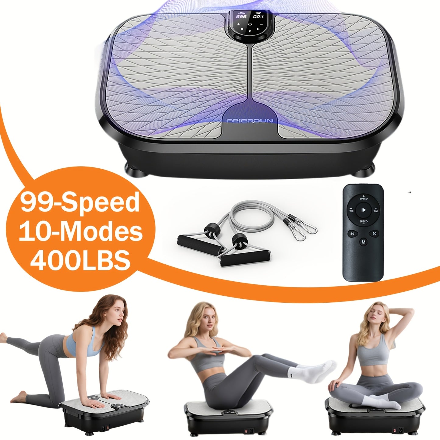 FEIERDUNSTYO Vibration Plate Exercise Machine For Lymphatic Drainage, Power Vibrate Stand Shake Board 400Lbs Capacity Whole Body Workout Waver With Fitness Resistance Bands Weight Loss Gifts For Women Men, Without Battery