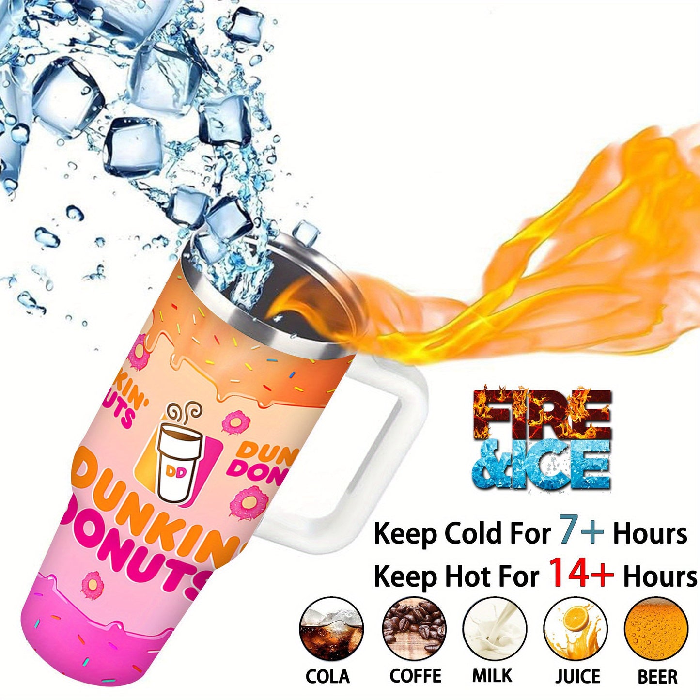 1pc 40oz Dunkin' Donuts Vibrant Pattern Tumbler, Double Wall Vacuum Insulated Travel Mug, Spill Proof Lid, Gift for Dad, Mom, Ideal for Christmas, Mother'S Day, Birthday Gift, Coffee Cup