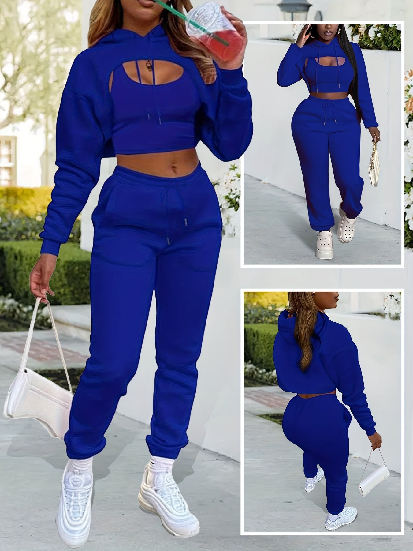 Womens Sexy 3 Piece Tracksuit Set Hoodie Tank Joggers