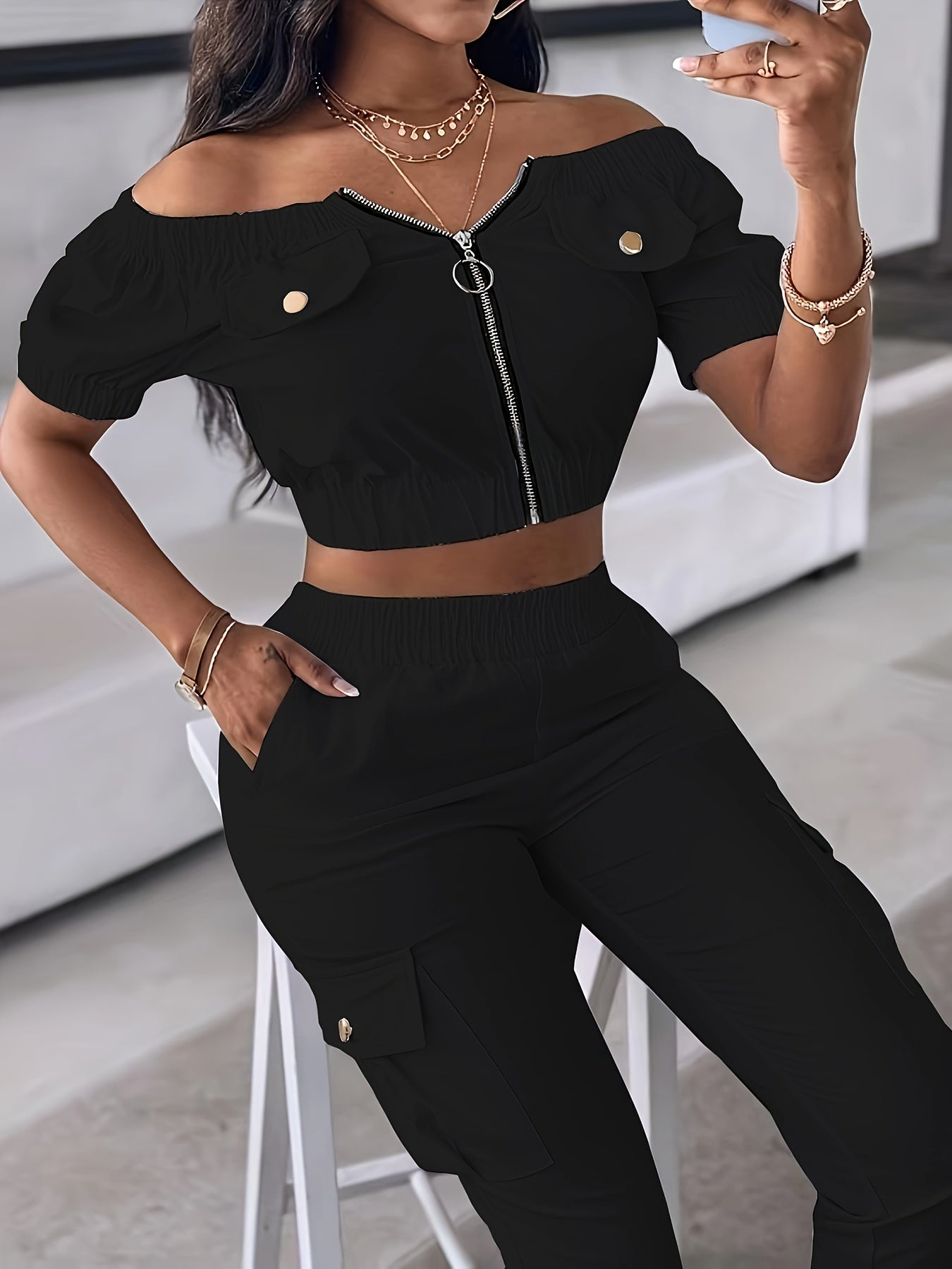 European Style Off Shoulder Top And Workwear Leggings Set