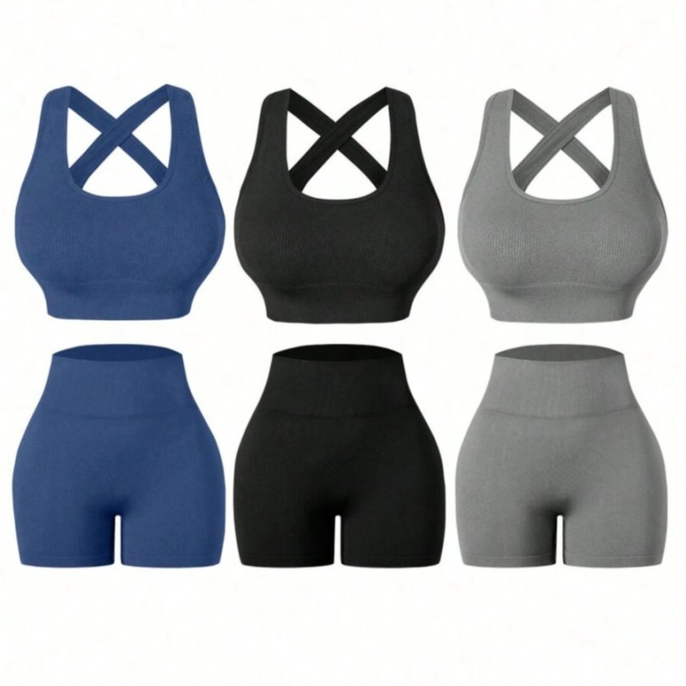 Three Piece Womens Fitness Set With Backless Bra And Shorts
