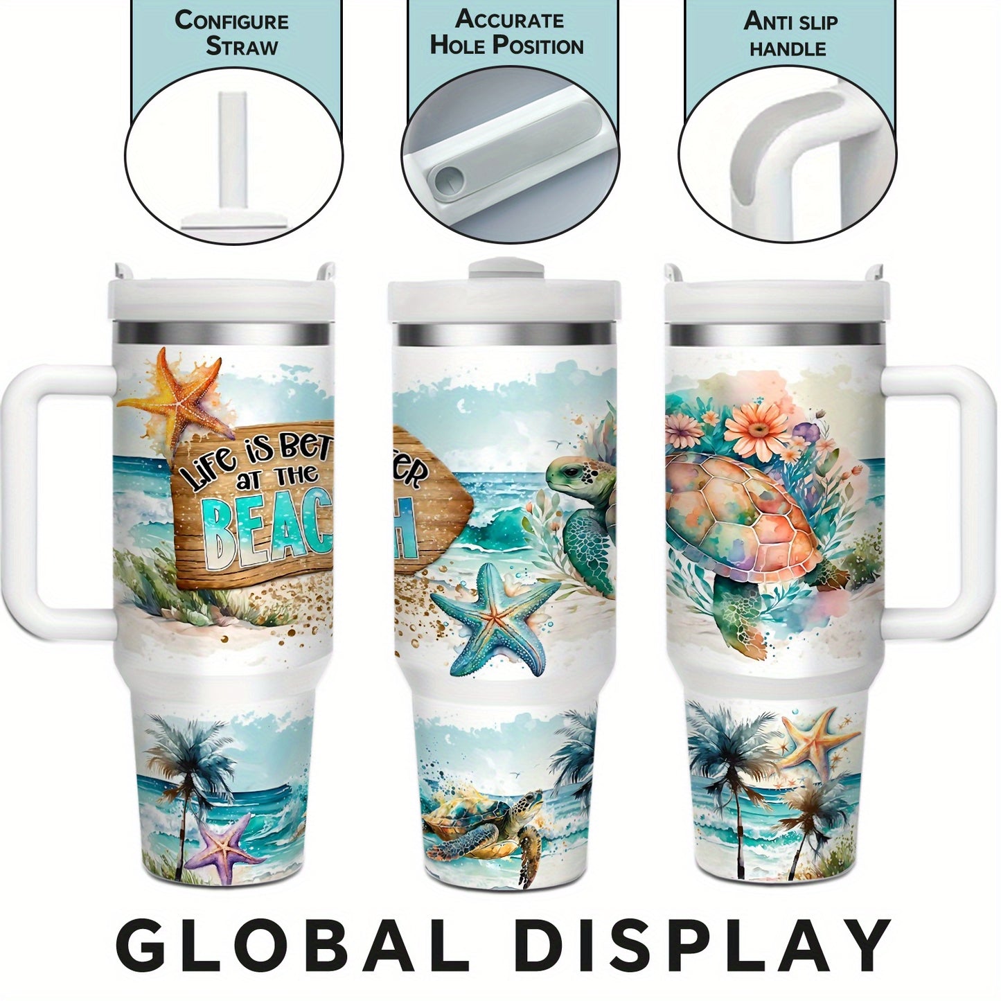 1pc 40oz/16oz Stainless Steel Tumbler with Lid And Straw, Double Wall Vacuum Insulated, Sea Turtle And Starfish Design, Keeps Drinks Hot 12H/Cold 24H, Ideal for Home, Office, Perfect for Christmas, Thanksgiving, Valentine's D