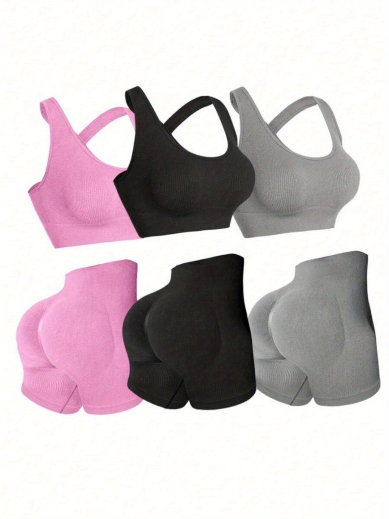 Three Piece Womens Fitness Set With Backless Bra And Shorts