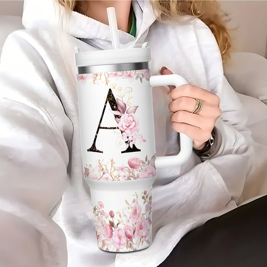 A Z Alphabet Design Stainless Steel Tumbler With Lid Straw