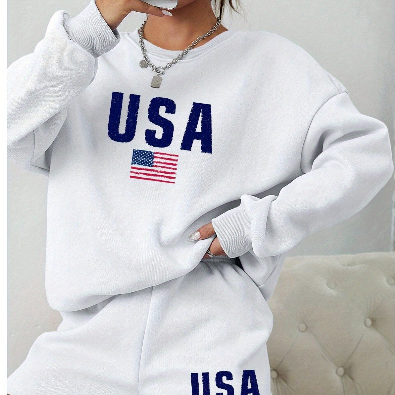 Womens Monogrammed American Flag Sweatshirt Shorts Set USA