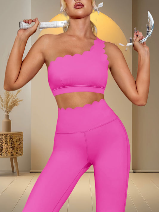 Women Two Piece High Waisted Leggings And Shoulder Bra Set