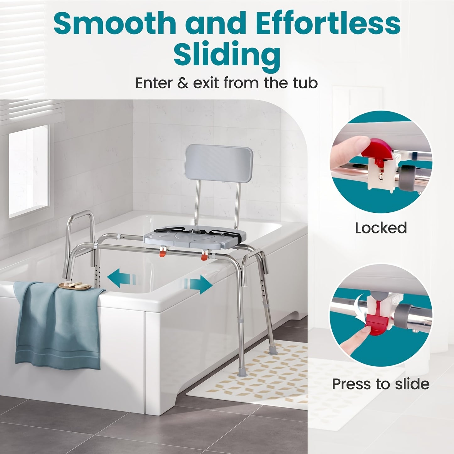 Sliding Shower Chair with Non Slip Aluminum Body and Safety Belt